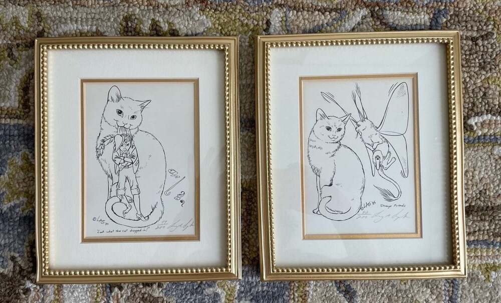 Lucy A. Syk Limited Edition‎ Hand-Signed Whimsical Cat Etchings Pair